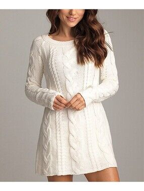 Lemon M Acrylic Mini Sweater Dress Snow White Cable Knit Pattern Long Sleeve